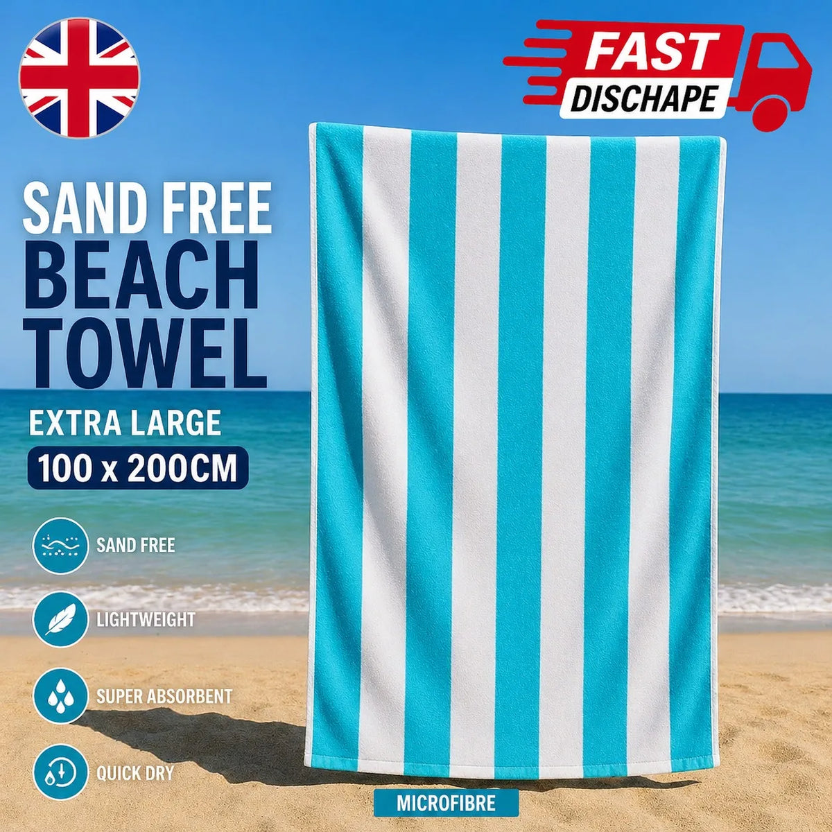 FabFit Sand Resistant Extra Large Beach Towel 100 x 200cm – Quick Dry Microfibre, 17 Colours