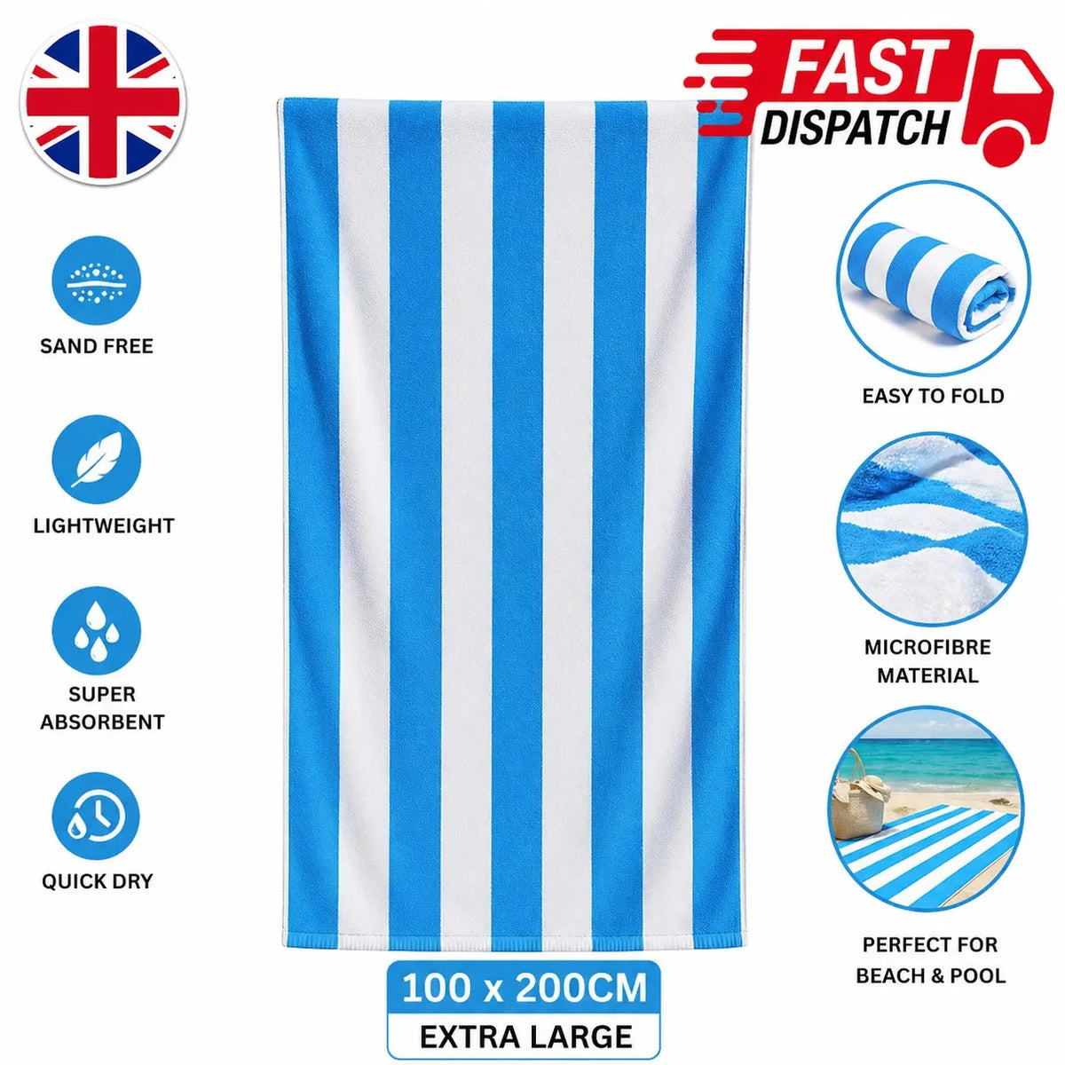FabFit Sand Resistant Extra Large Beach Towel 100 x 200cm – Quick Dry Microfibre, 17 Colours