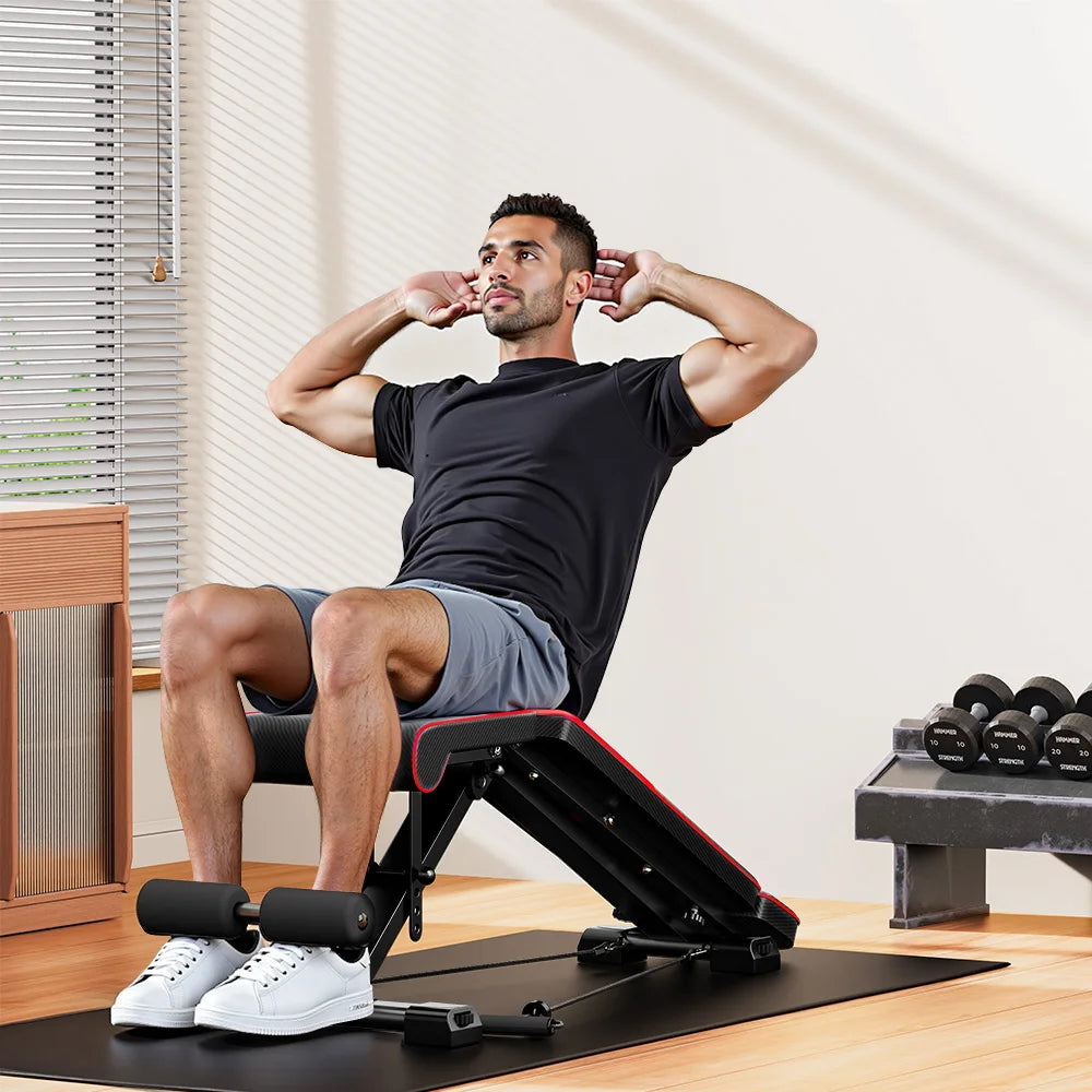FabFit Adjustable Folding Weight Bench with Resistance Bands – Steel Frame Full Body Workout