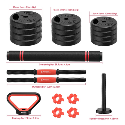 FabFit 3-in-1 Dumbbell & Barbell Set 20 kg or 25 kg – Plastic-Coated Plates with Connecting Bar