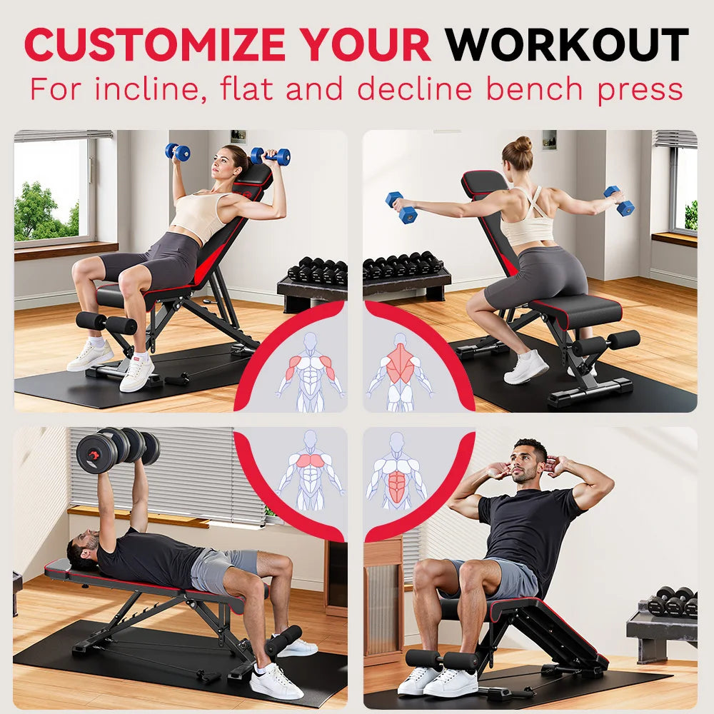 FabFit Adjustable Folding Weight Bench with Resistance Bands – Steel Frame Full Body Workout