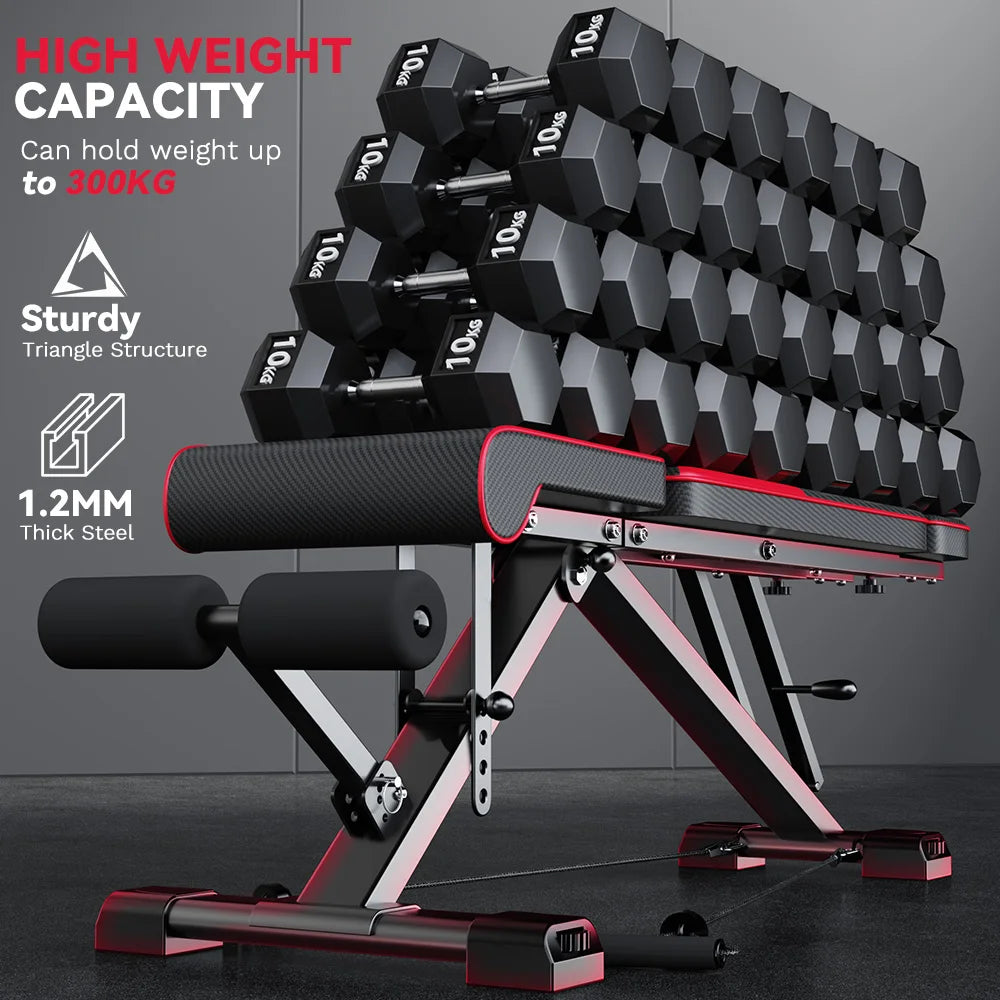 FabFit Adjustable Folding Weight Bench with Resistance Bands – Steel Frame Full Body Workout