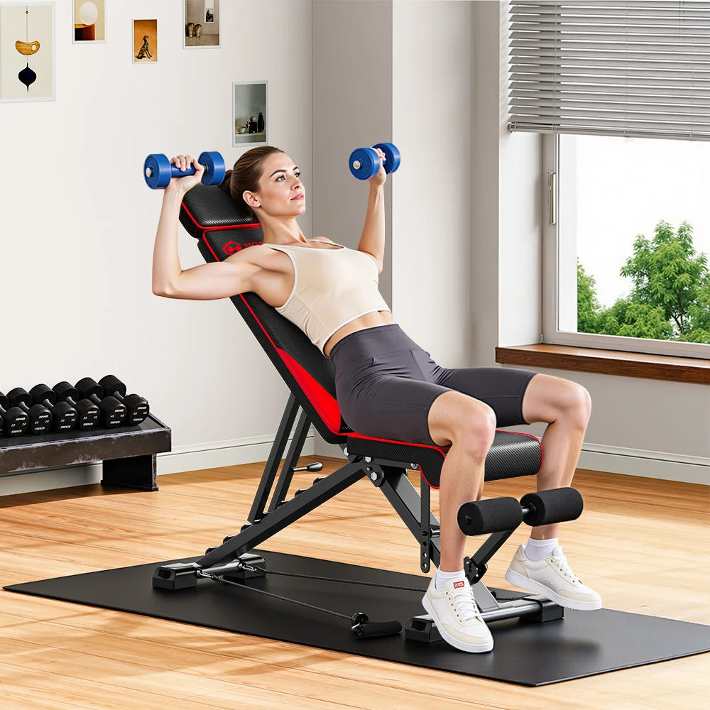 FabFit Adjustable Folding Weight Bench with Resistance Bands – Steel Frame Full Body Workout