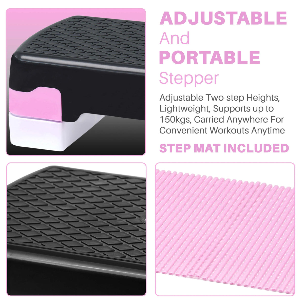 FabFit Aerobic Step Board 2 Tier – Cardio Fitness Stepper for Home Gym Exercise Training, Pink
