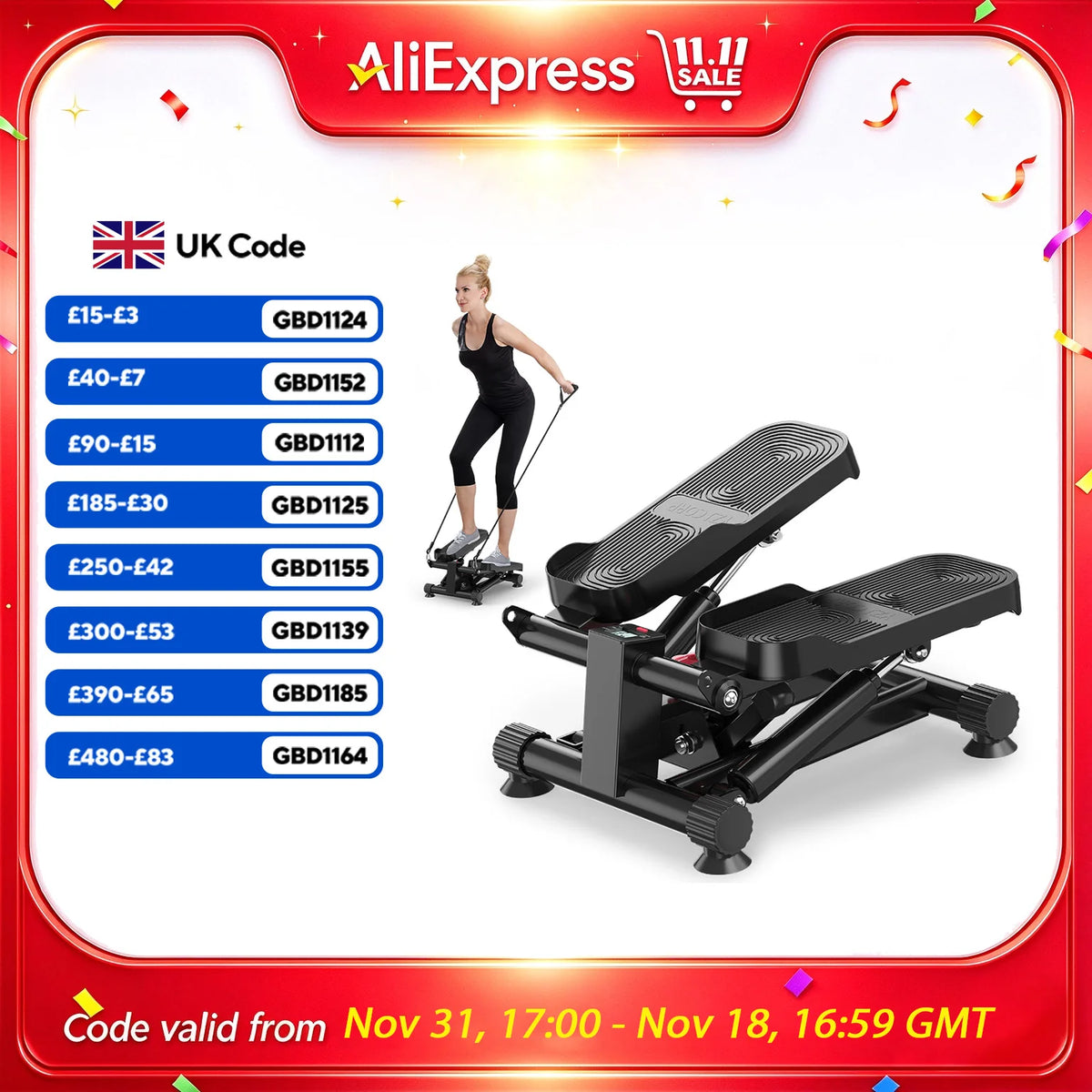 FabFit Mini Stepper with Resistance Bands – LCD Monitor, Hydraulic, 110 kg Max, Non-Slip Pedals