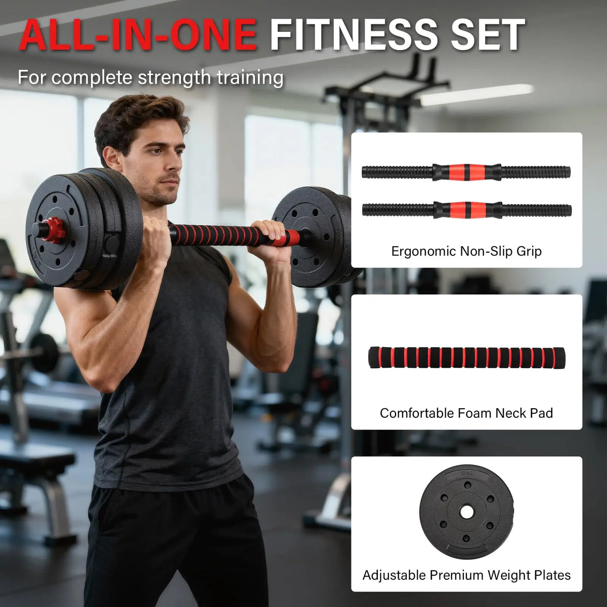 FabFit Dumbbell & Barbell Weight Set – 15 kg, 20 kg or 30 kg, with Kettlebell Option