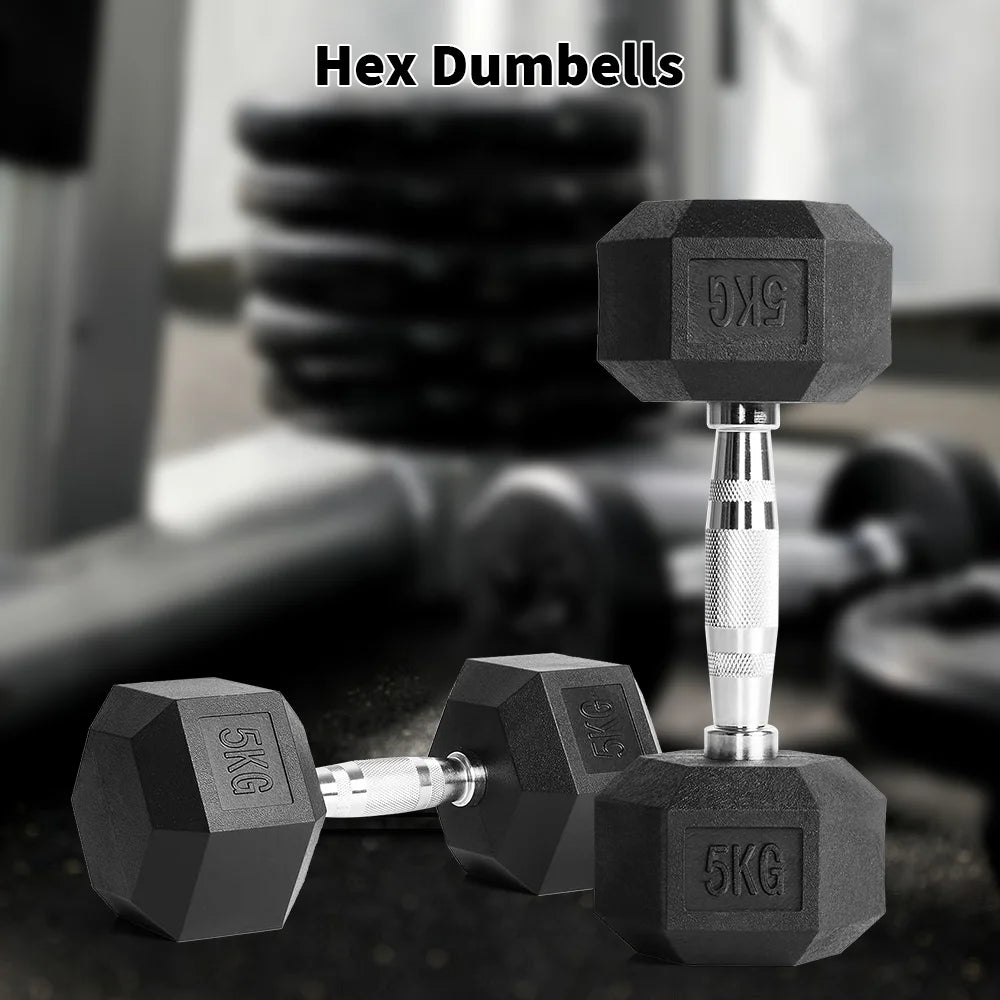 FabFit Hex Dumbbells Set 2 x 5 kg or 2 x 7.5 kg – Rubber-Covered Hand Weights for Home Gym