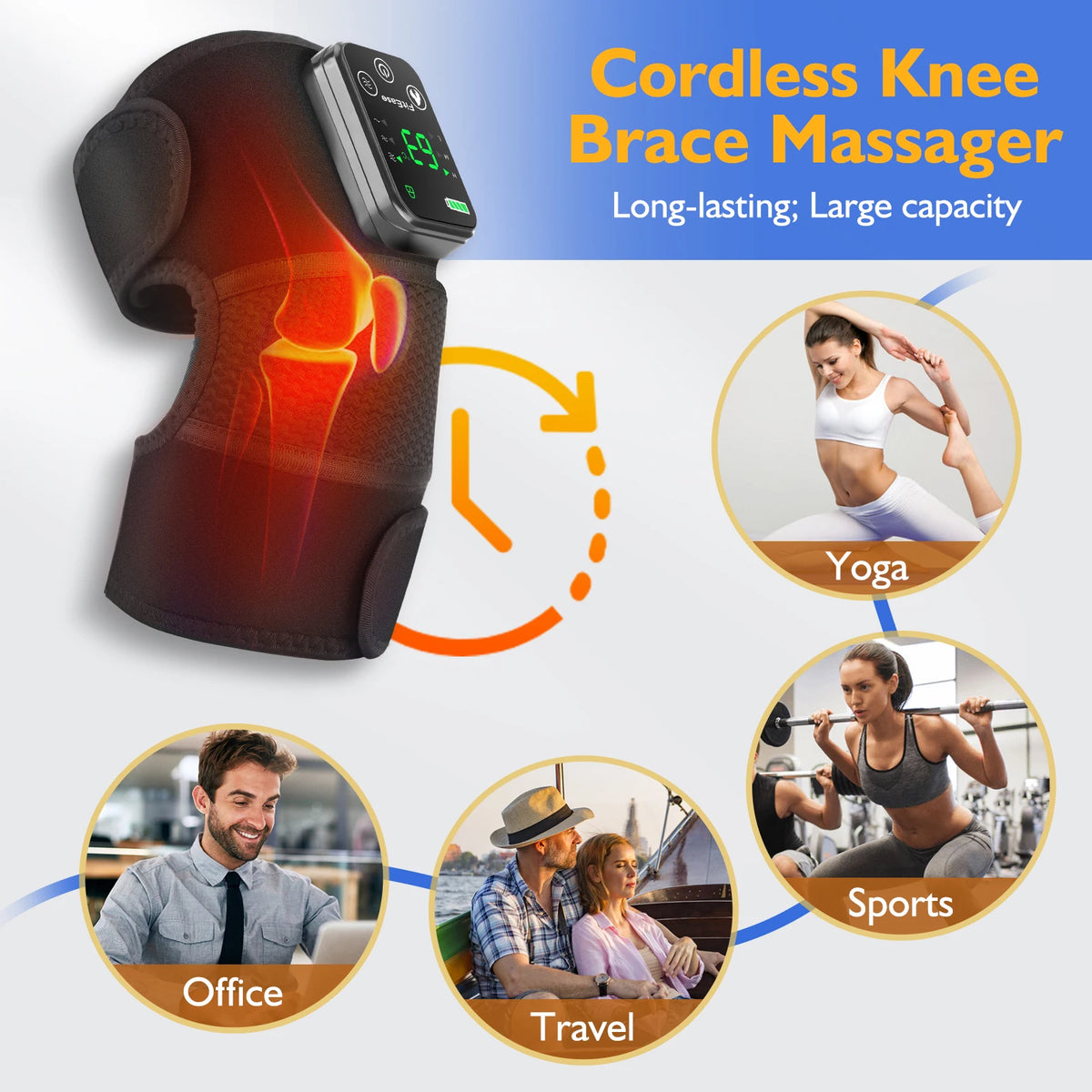 FabFit Rechargeable Heated Knee Massager 2-in-1 – Knee & Elbow Wrap, 3 Heat Levels, Vibration