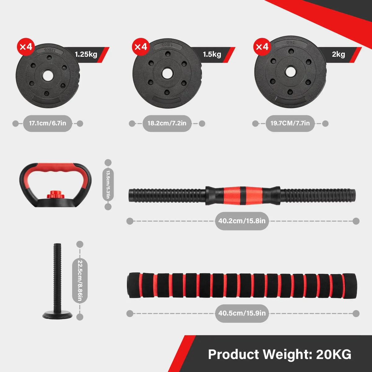 FabFit Dumbbell & Barbell Weight Set – 15 kg, 20 kg or 30 kg, with Kettlebell Option