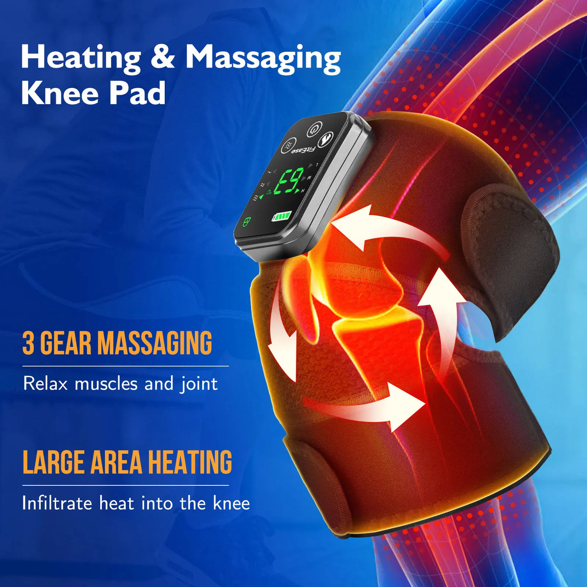 FabFit Rechargeable Heated Knee Massager 2-in-1 – Knee & Elbow Wrap, 3 Heat Levels, Vibration