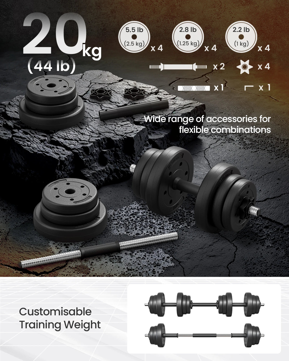 FabFit 2-in-1 Adjustable Dumbbell Set 2 x 10 kg – Converts to Barbell, Plastic-Coated Plates