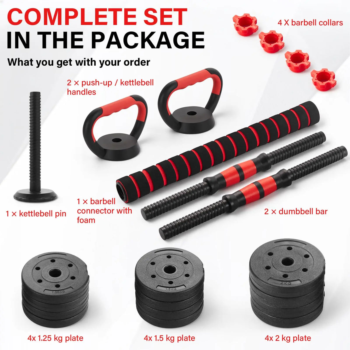 FabFit Dumbbell & Barbell Weight Set – 15 kg, 20 kg or 30 kg, with Kettlebell Option