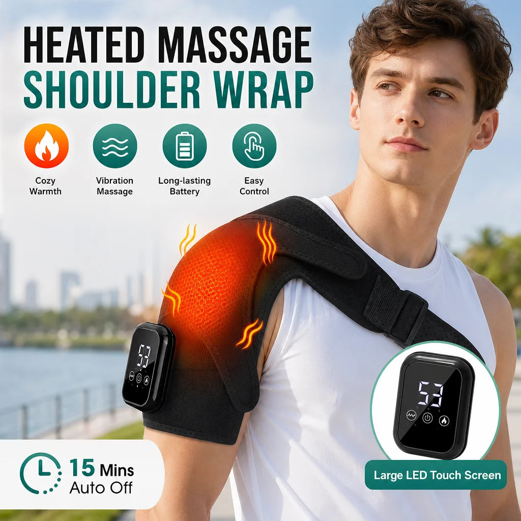 FabFit Cordless Heated Shoulder Brace – Vibration Massage Wrap with Soothing Warmth