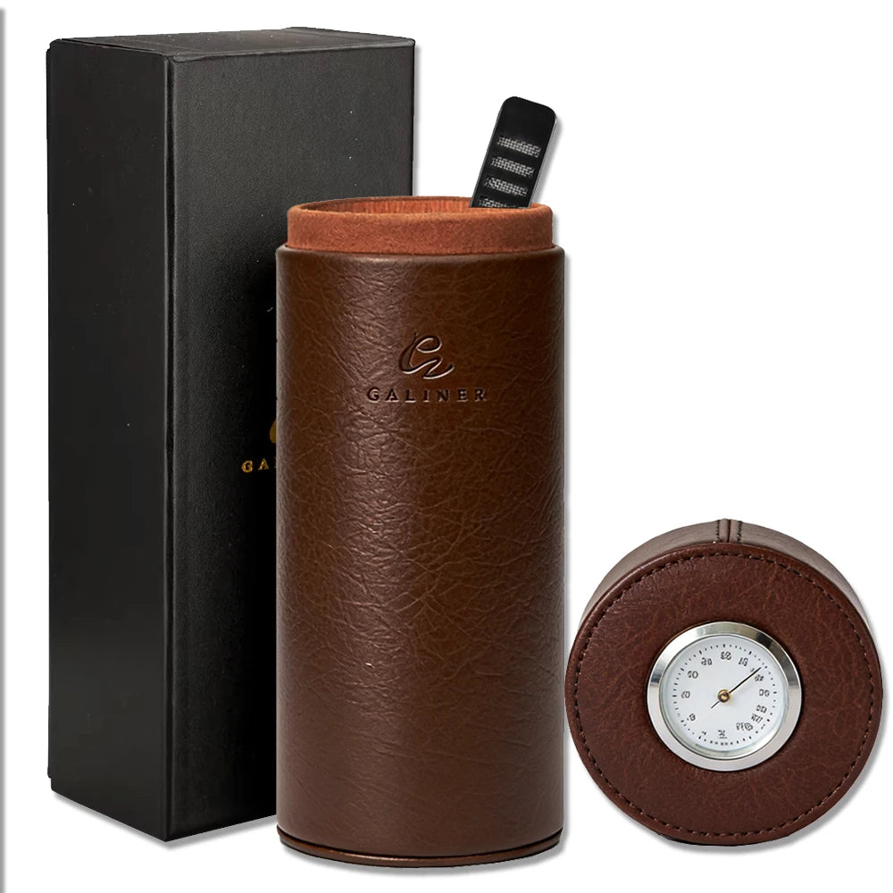 FabFit Portable Leather Cigar Case – Cedar Wood Lined Travel Humidor with Hygrometer, Fits 5