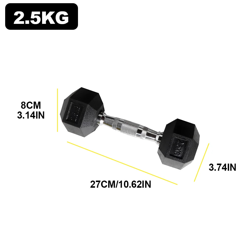 FabFit Hexagonal Rubber Dumbbells Pair – 2.5 kg, 5 kg or 7.5 kg Fixed Weights for Home Gym