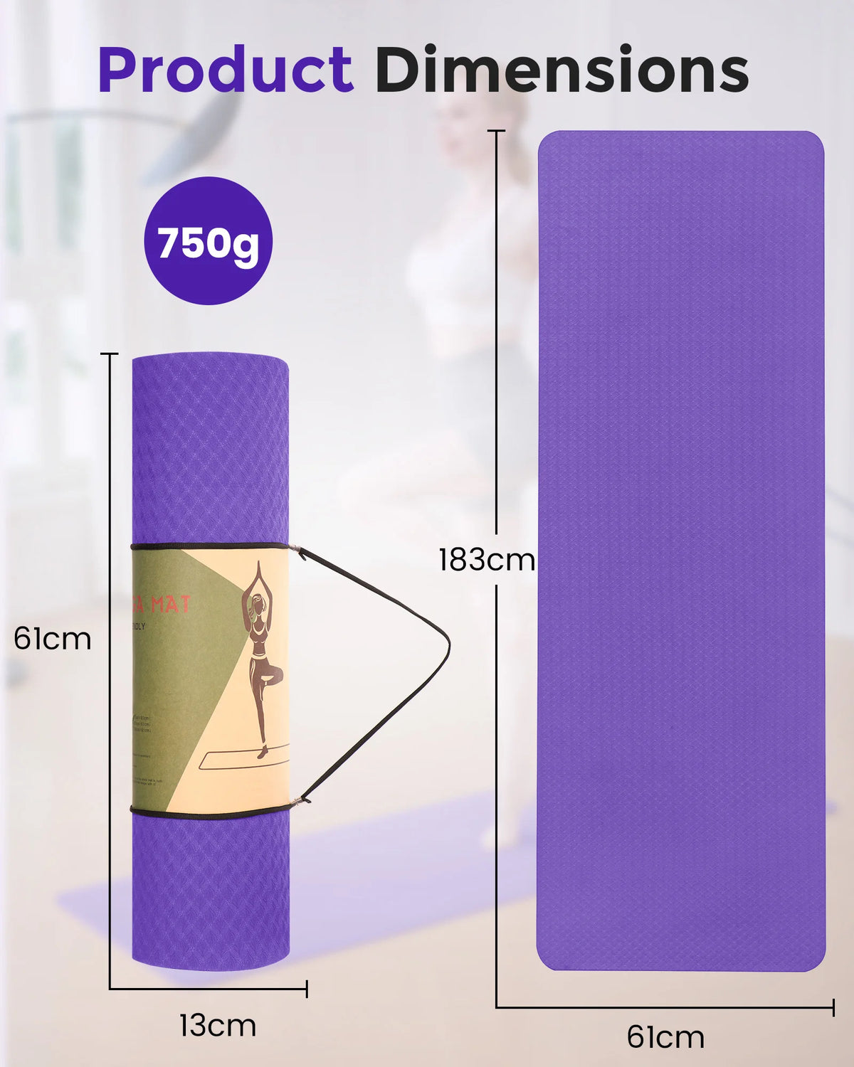 FabFit TPE Yoga Mat – Non-Slip 183 x 61 x 0.6 cm for Pilates & Fitness, with Carry Strap