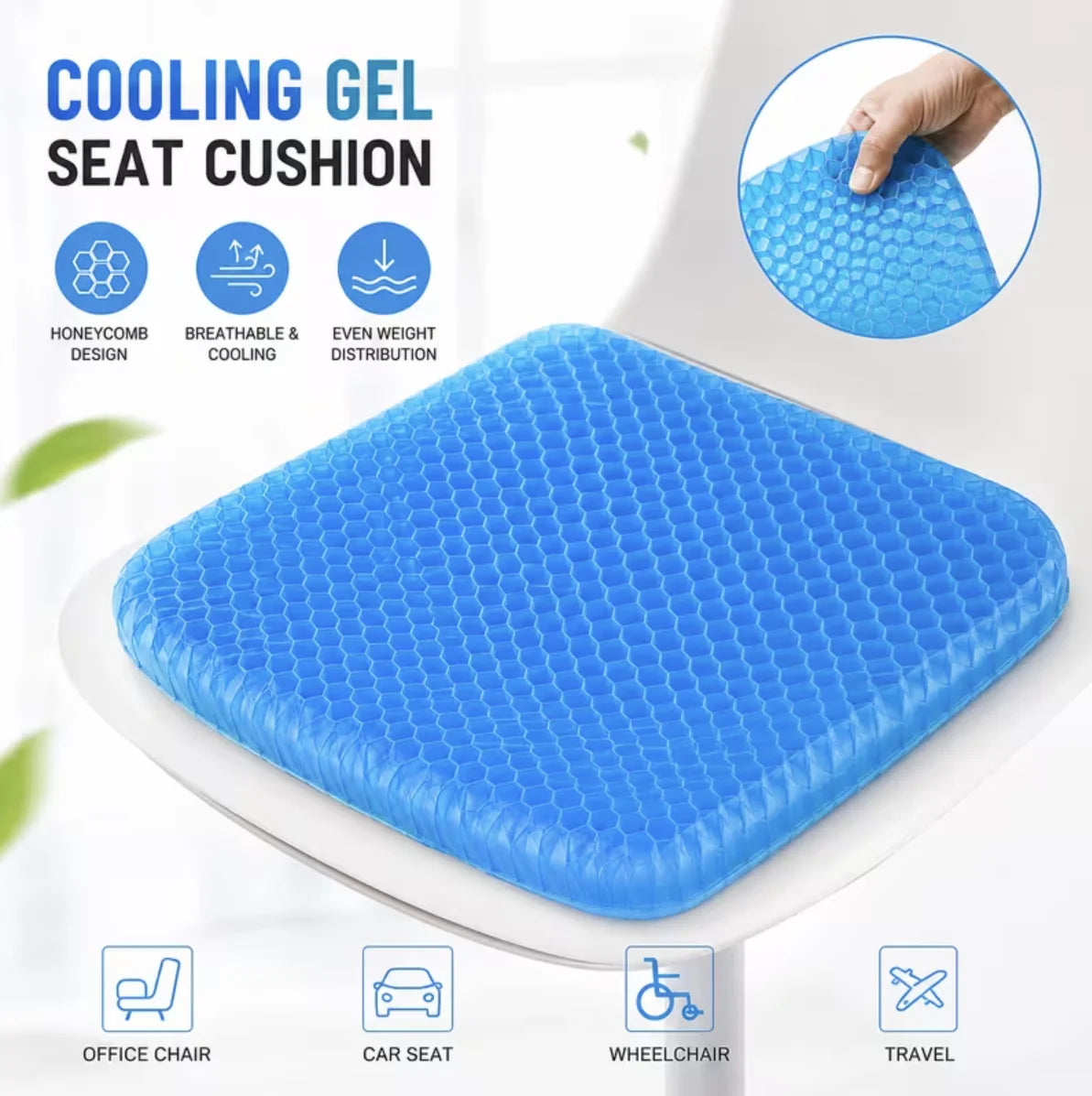 FabFit Honeycomb Gel Seat Cushion – Double Thick, Breathable & Non-Slip Sitting Pad, Blue