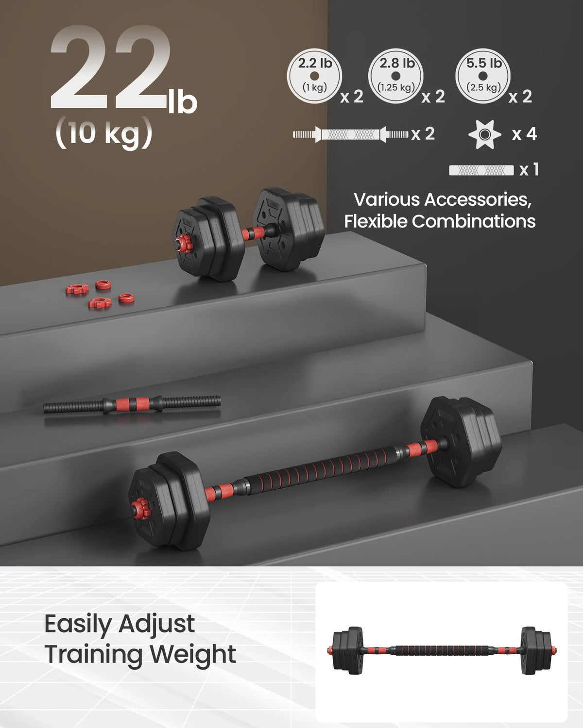 FabFit Adjustable Dumbbell Set 10 kg – Hexagon Weight Plates with Connecting Bar, Black