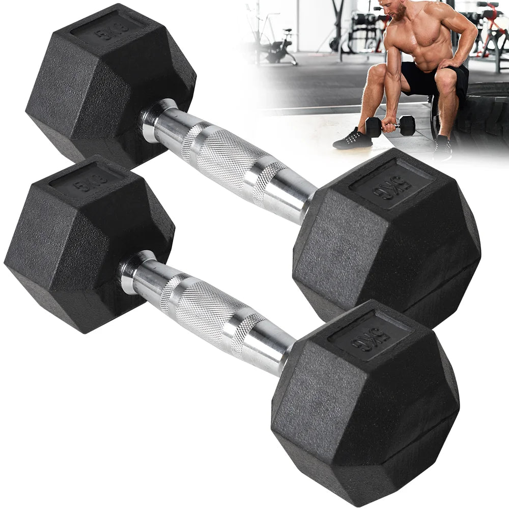 FabFit Hex Dumbbells Set 2 x 5 kg or 2 x 7.5 kg – Rubber-Covered Hand Weights for Home Gym