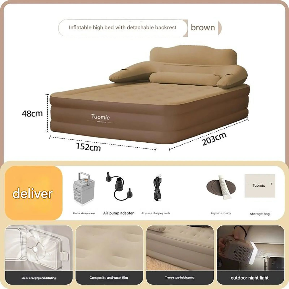 FabFit 2 Person Inflatable Camping Mattress with Built-In Pump – 203 x 152 x 48 cm PVC Air Bed