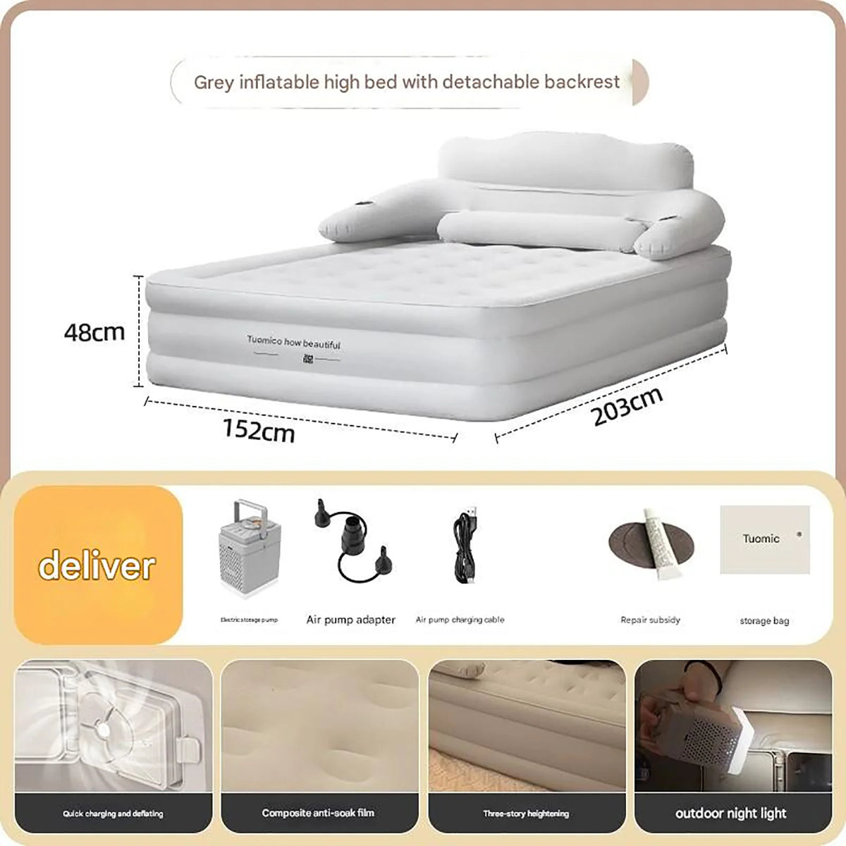 FabFit 2 Person Inflatable Camping Mattress with Built-In Pump – 203 x 152 x 48 cm PVC Air Bed