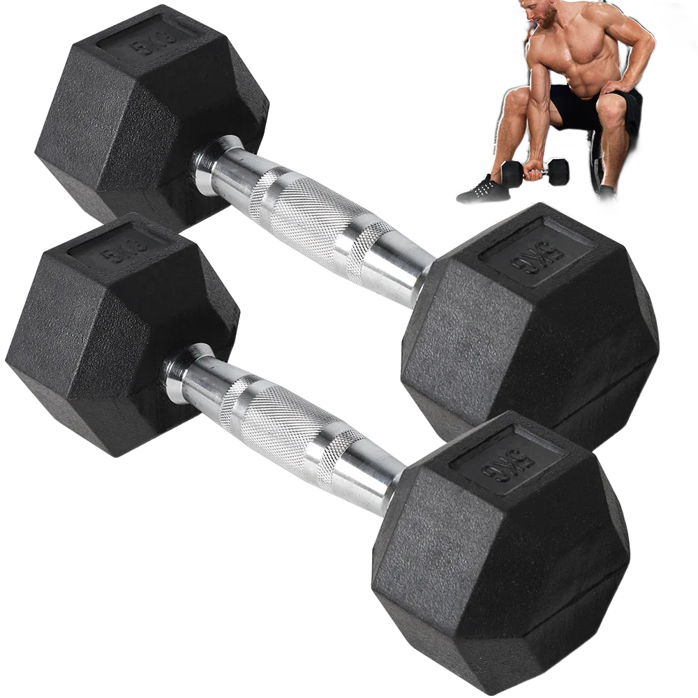 FabFit Hex Dumbbells Set 2 x 5 kg or 2 x 7.5 kg – Rubber-Covered Hand Weights for Home Gym