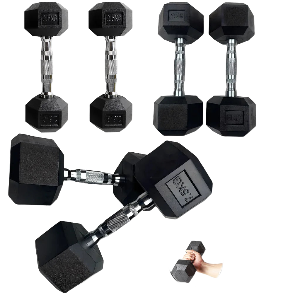 FabFit Hexagonal Rubber Dumbbells Pair – 2.5 kg, 5 kg or 7.5 kg Fixed Weights for Home Gym